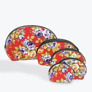 Red Satin Floral 5 Piece Cosmetic Makeup Bag Case Set Zippered Closure NWOT